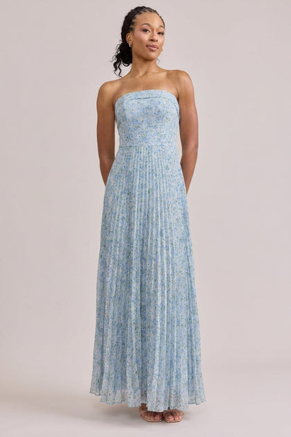 Saylor Chiffon Pleated Floral Print Dress | Made To Order | Sky Blue Multi Posey