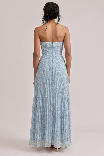 Saylor Chiffon Pleated Floral Print Dress | Made To Order | Sky Blue Multi Posey