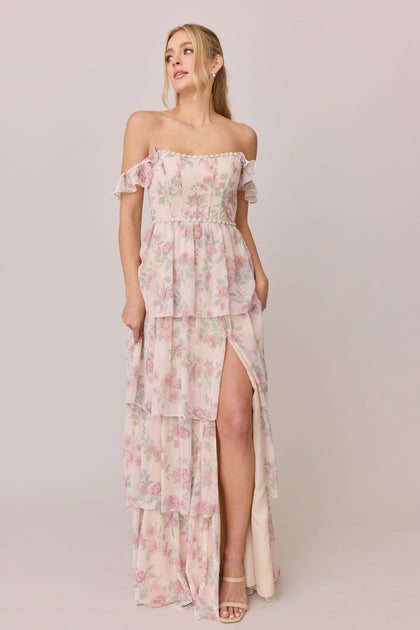 Poppy Luxe Chiffon Floral Print Dress | Made To Order | Blushing Bride Bouquet