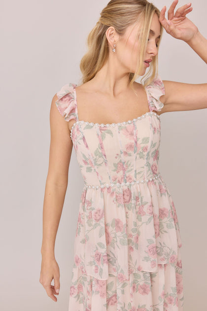 Poppy Luxe Chiffon Floral Print Dress | Made To Order | Blushing Bride Bouquet