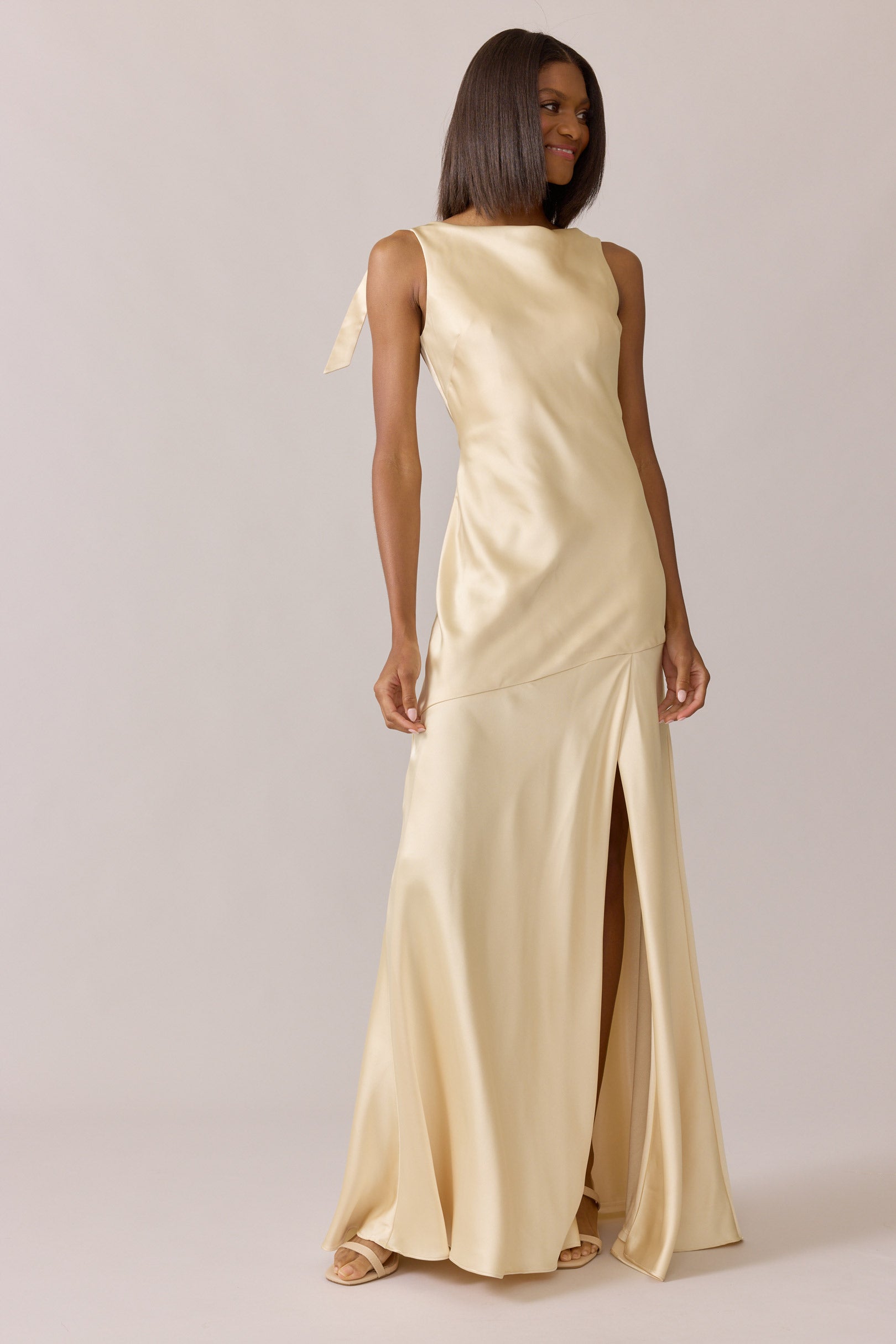 gold satin dress Vintage Gold Silk Bias Cut Gown - M/8