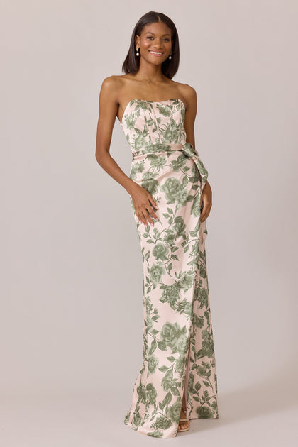 Amara Satin Floral Print Dress | Made To Order | Moss Garden