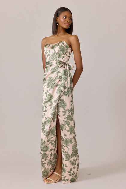 Amara Satin Floral Print Dress | Made To Order | Moss Garden