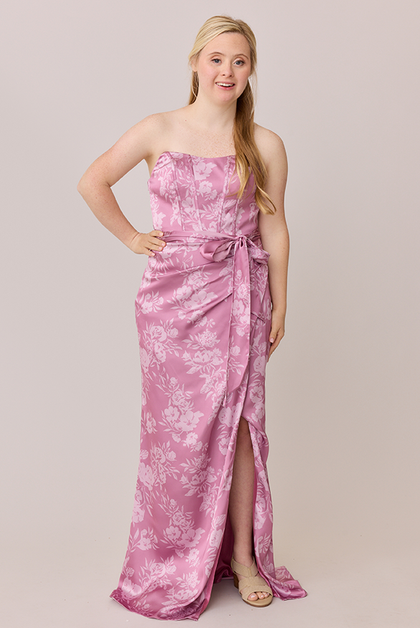 Amara Satin Floral Print Dress | Made To Order | Mauve Pink Bouquet