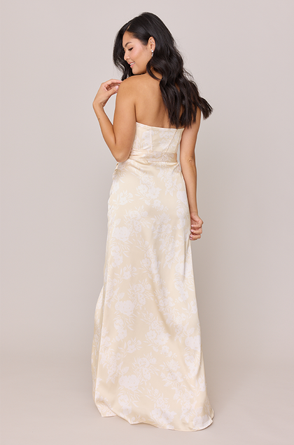 Amara Satin Floral Print Dress | Made To Order | Pale Yellow Bouquet