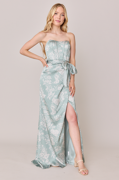 Amara Satin Floral Print Dress | Made To Order | Sage and Champagne Bouquet
