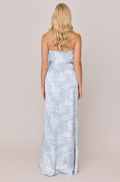 Amara Satin Floral Print Dress | Made To Order | Sky Blue Bouquet