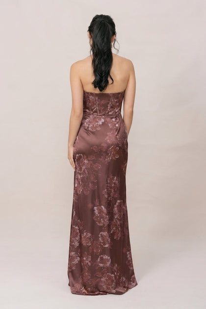 Amara Satin Floral Print Dress | Made To Order | Mahogany Blooms