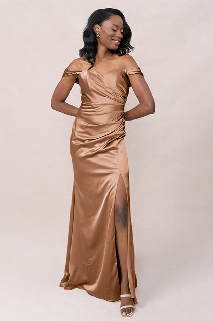 Ariel Convertible Satin Dress | Made To Order | Toffee