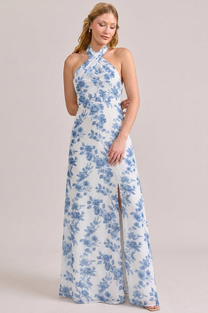 Athena Chiffon Floral Print Dress | Made To Order | Dusty Blue Bouquet