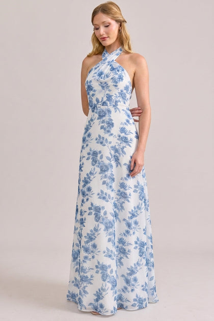 Athena Chiffon Floral Print Dress | Made To Order | Dusty Blue Bouquet