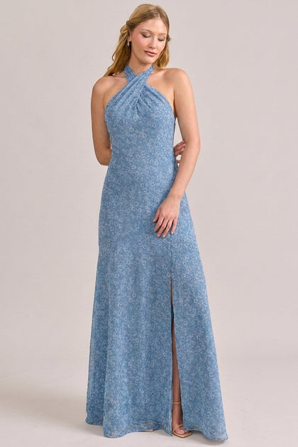 Athena Chiffon Floral Print Dress | Made To Order | Dusty Blue Posey