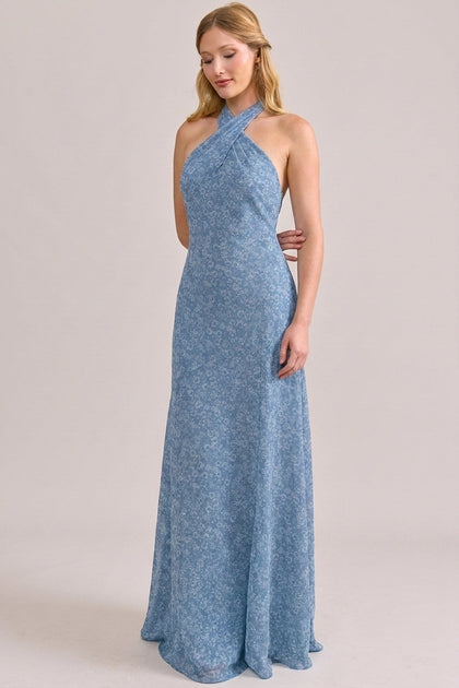 Athena Chiffon Floral Print Dress | Made To Order | Dusty Blue Posey