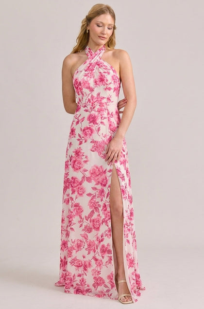 Athena Chiffon Floral Print Dress | Made To Order | Hot Pink Garden