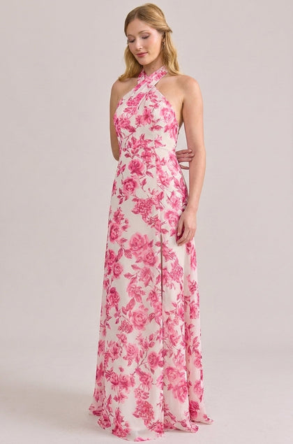 Athena Chiffon Floral Print Dress | Made To Order | Hot Pink Garden