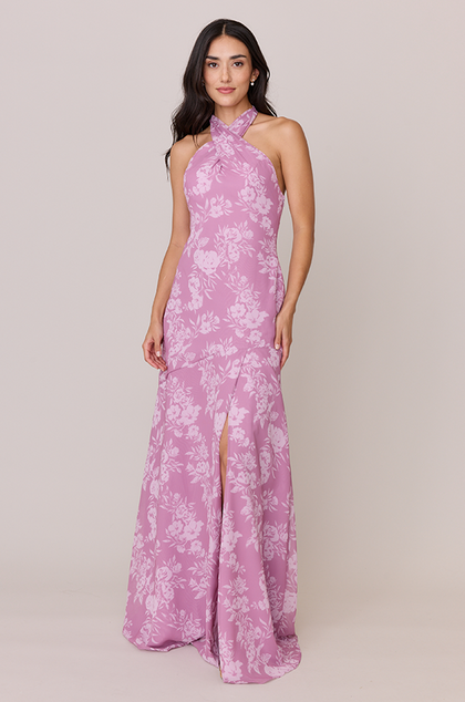 Athena Chiffon Floral Print Dress | Made To Order | Mauve Pink Bouquet