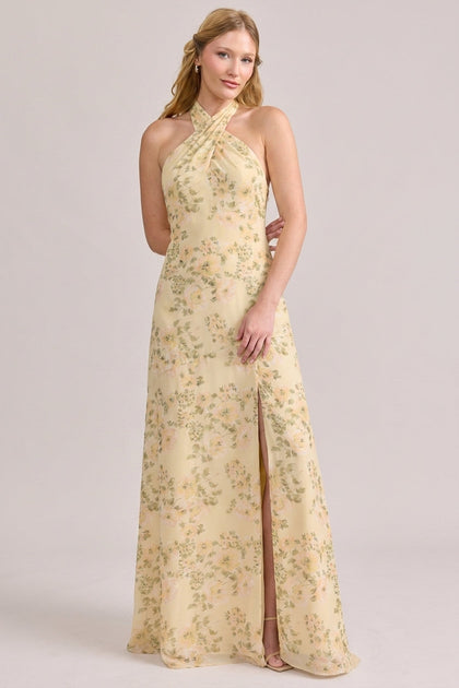 Athena Chiffon Floral Print Dress | Made To Order | Pale Yellow Blossom