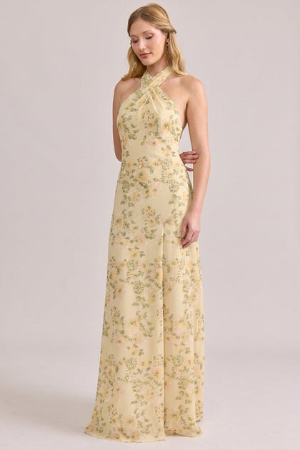 Athena Chiffon Floral Print Dress | Made To Order | Pale Yellow Blossom