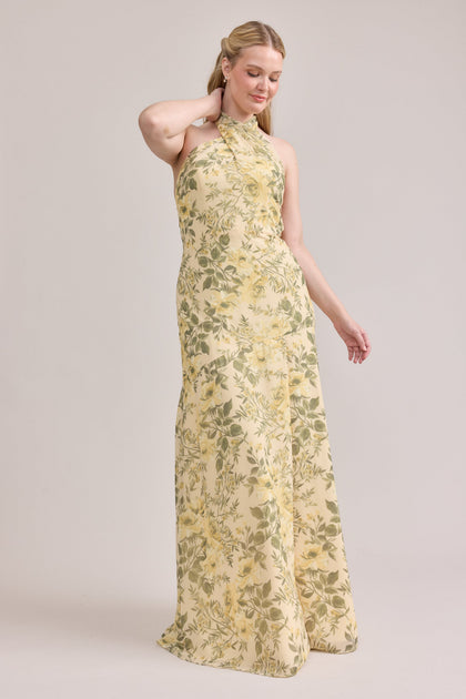 Athena Chiffon Floral Print Dress | Made To Order | Pale Yellow Meadow Blooms