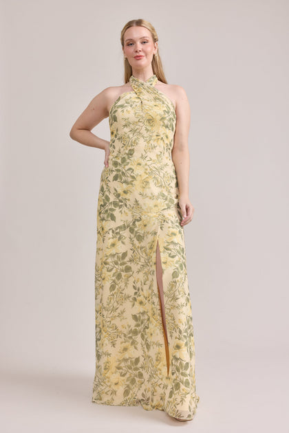 Athena Chiffon Floral Print Dress | Made To Order | Pale Yellow Meadow Blooms