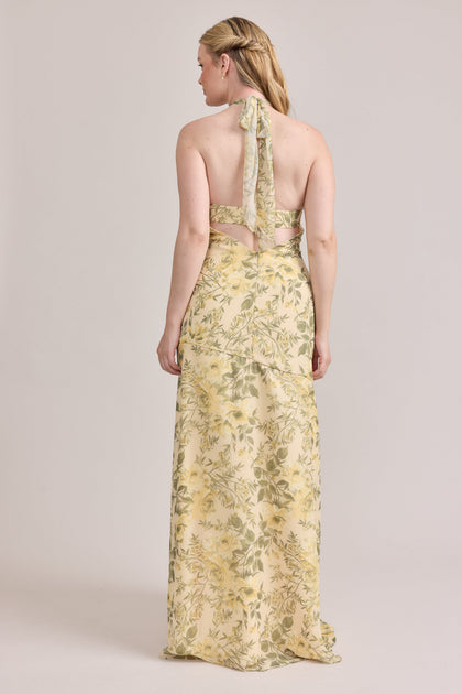 Athena Chiffon Floral Print Dress | Made To Order | Pale Yellow Meadow Blooms