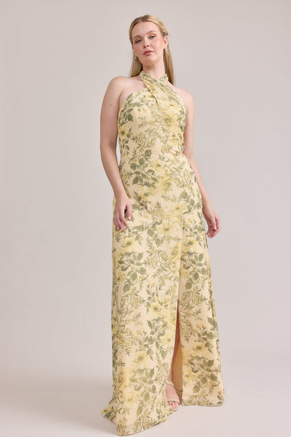 Athena Chiffon Floral Print Dress | Made To Order | Pale Yellow Meadow Blooms