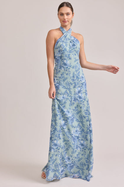 Athena Chiffon Floral Print Dress | Made To Order | Sage and Sky Blue Meadow Blooms