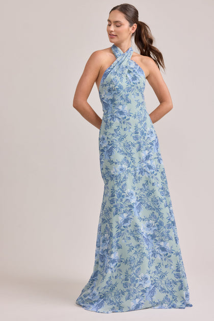 Athena Chiffon Floral Print Dress | Made To Order | Sage and Sky Blue Meadow Blooms