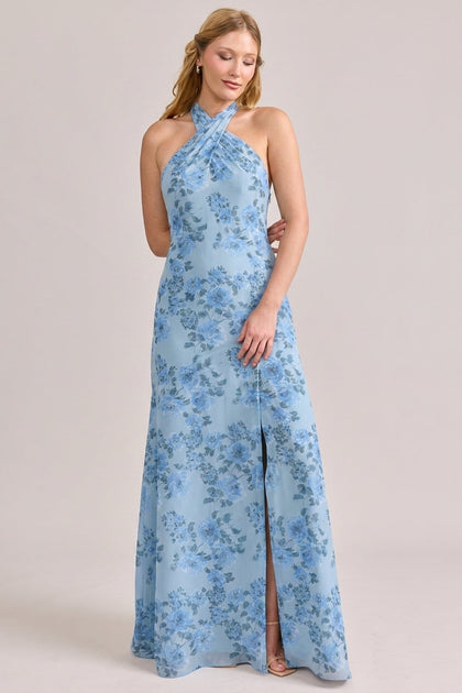 Athena Chiffon Floral Print Dress | Made To Order | Sky Blue Blossom