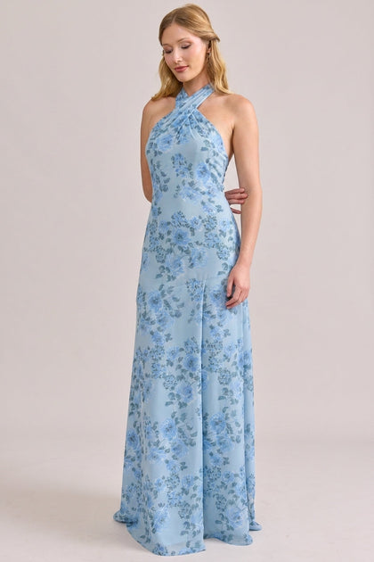 Athena Chiffon Floral Print Dress | Made To Order | Sky Blue Blossom