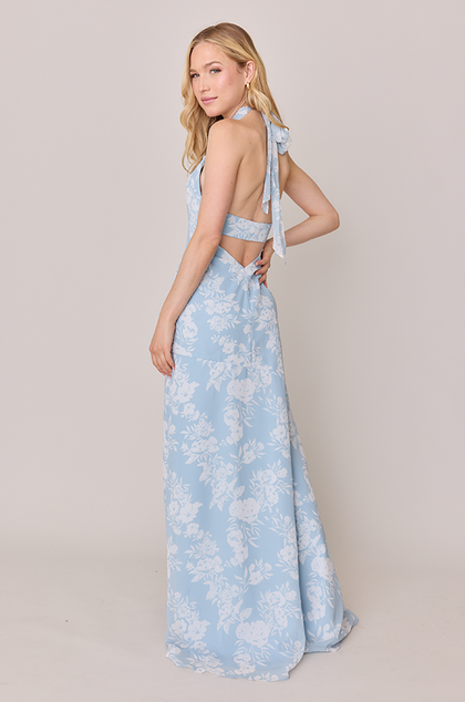 Athena Chiffon Floral Print Dress | Made To Order | Sky Blue Bouquet