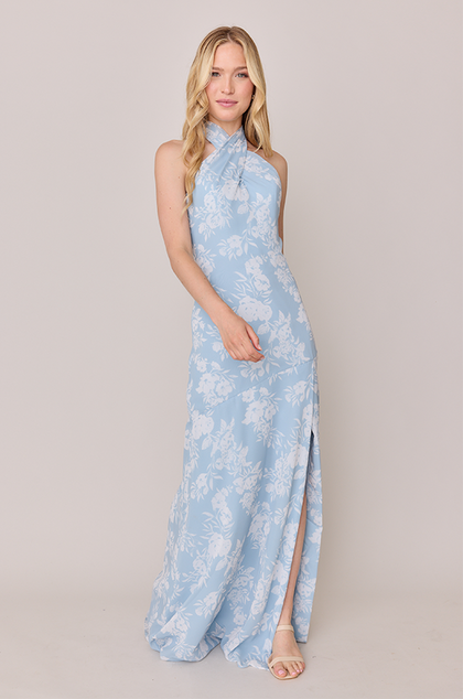 Athena Chiffon Floral Print Dress | Made To Order | Sky Blue Bouquet