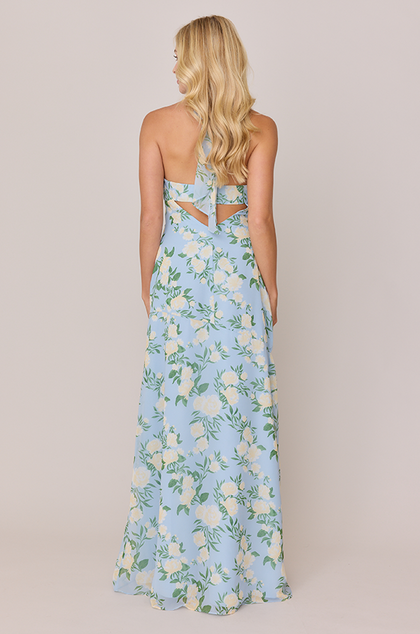 Athena Chiffon Floral Print Dress | Made To Order | Sky Blue Multi Bouquet