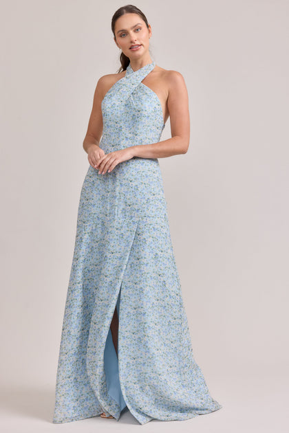 Athena Chiffon Floral Print Dress | Made To Order | Sky Blue Multi Posey