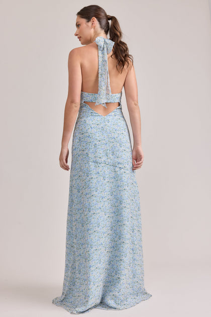 Athena Chiffon Floral Print Dress | Made To Order | Sky Blue Multi Posey
