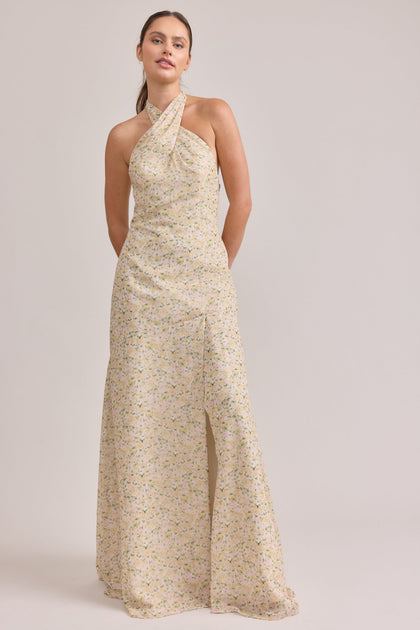 Athena Chiffon Floral Print Dress | Made To Order | Yellow Posey