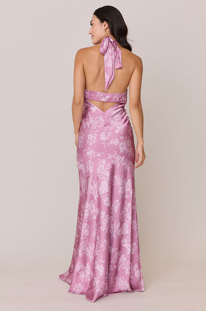 Athena Satin Floral Print Dress | Made To Order | Mauve Pink Bouquet
