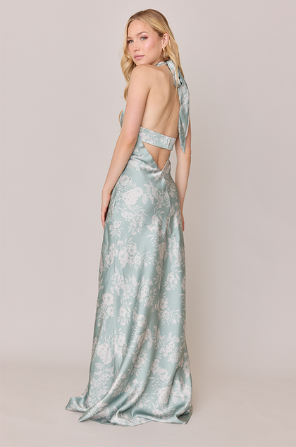 Athena Satin Floral Print Dress | Made To Order | Sage and Champagne Bouquet
