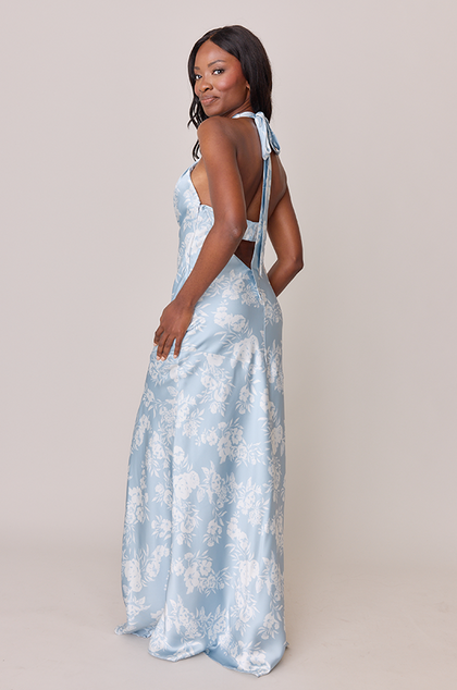 Athena Satin Floral Print Dress | Made To Order | Sky Blue Bouquet