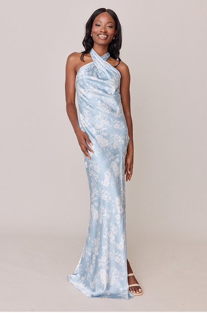 Athena Satin Floral Print Dress | Made To Order | Sky Blue Bouquet