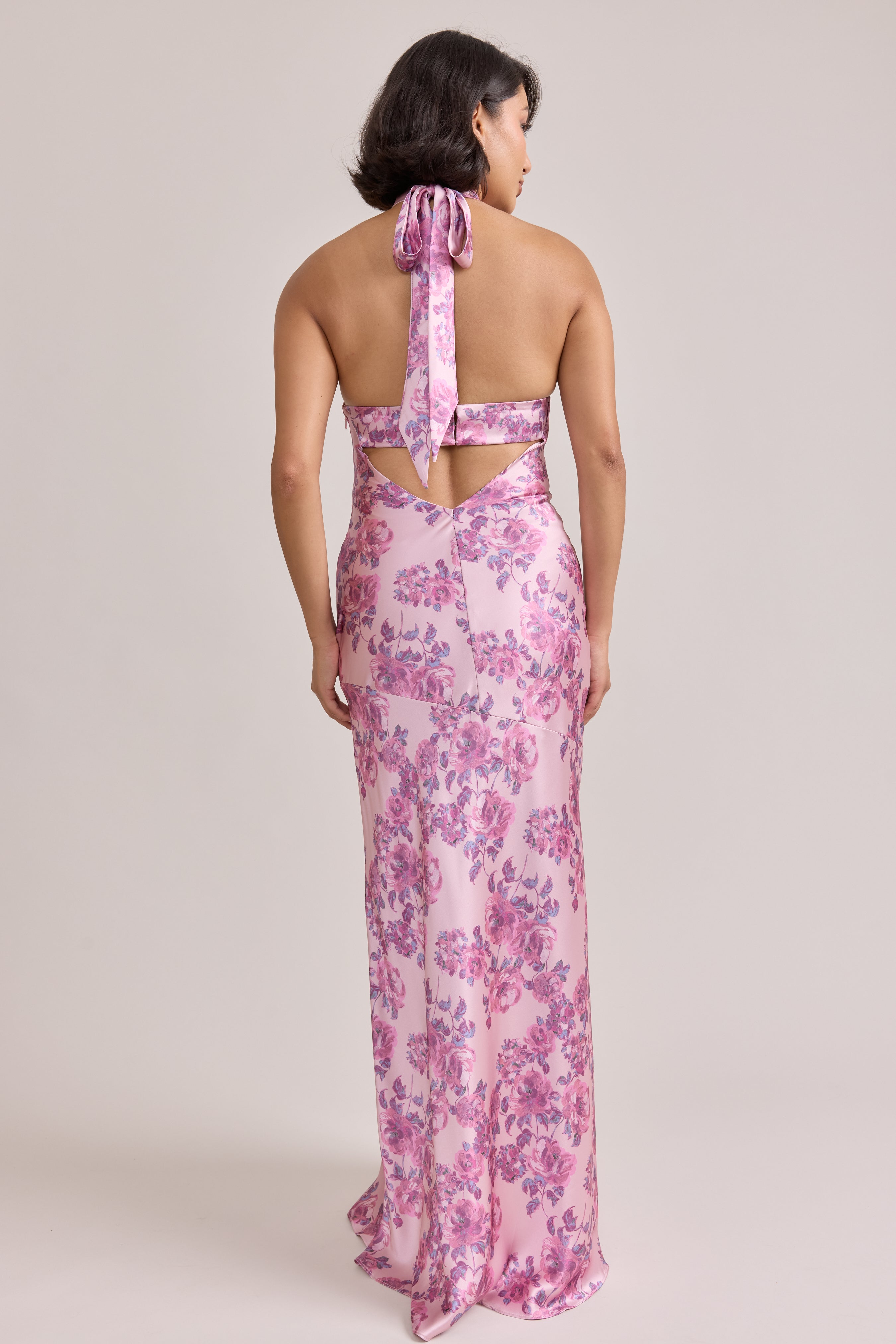 athena floral ruched long sleeve midi dress Athena Satin Floral Print Dress