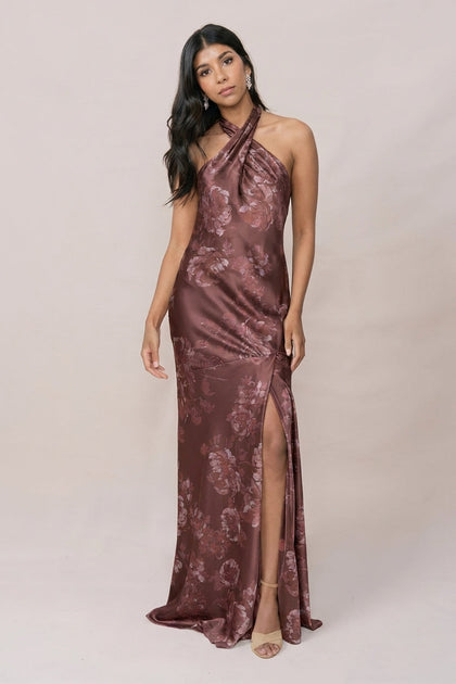 Athena Satin Floral Print Dress | Made To Order | Mahogany Blooms