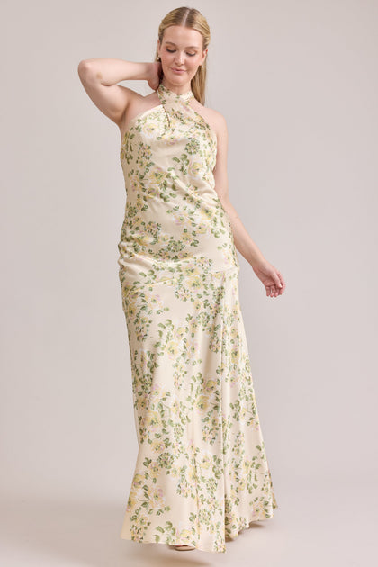 Athena Satin Floral Print Dress | Made To Order | Pale Yellow Blossom