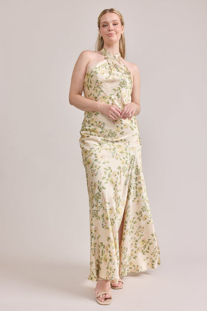 Athena Satin Floral Print Dress | Made To Order | Pale Yellow Blossom