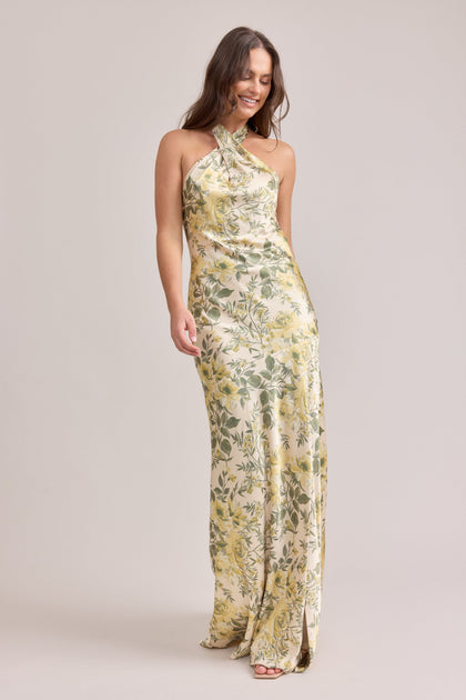 Athena Satin Floral Print Dress | Made To Order | Pale Yellow Meadow Blooms