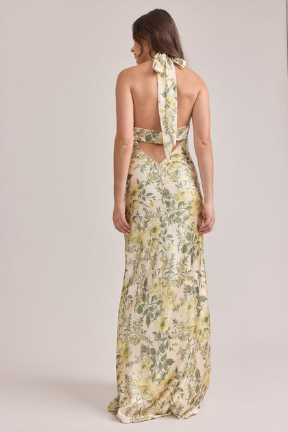 Athena Satin Floral Print Dress | Made To Order | Pale Yellow Meadow Blooms