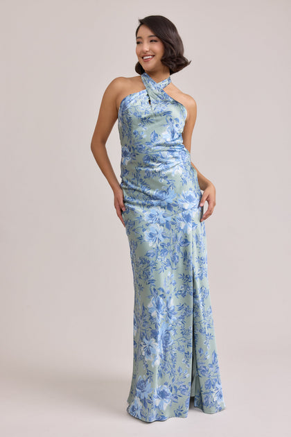 Athena Satin Floral Print Dress | Made To Order | Sage and Sky Blue Meadow Blooms