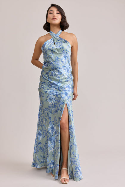 Athena Satin Floral Print Dress | Made To Order | Sage and Sky Blue Meadow Blooms