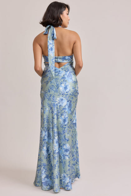 Athena Satin Floral Print Dress | Made To Order | Sage and Sky Blue Meadow Blooms