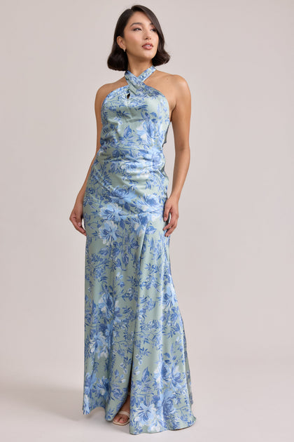 Athena Satin Floral Print Dress | Made To Order | Sage and Sky Blue Meadow Blooms